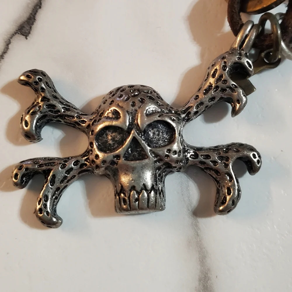 Pirate Skull & Bones Necklace on Brown Cord